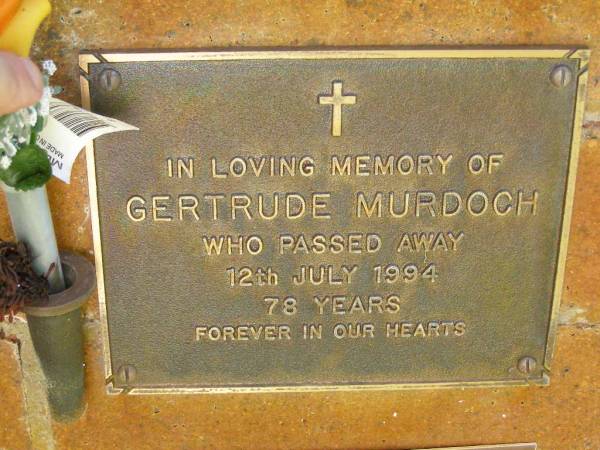 Gertrude MURDOCH,  | died 12 July 1994 aged 78 years;  | Bribie Island Memorial Gardens, Caboolture Shire  | 
