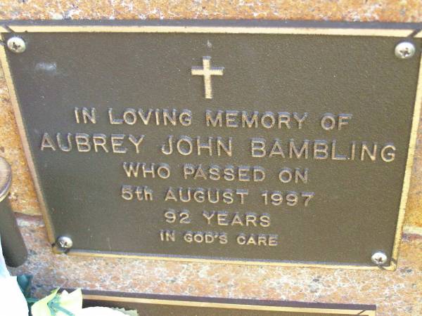 Aubrey John BAMBLING,  | died 5 Aug 1997 aged 92 years;  | Bribie Island Memorial Gardens, Caboolture Shire  | 