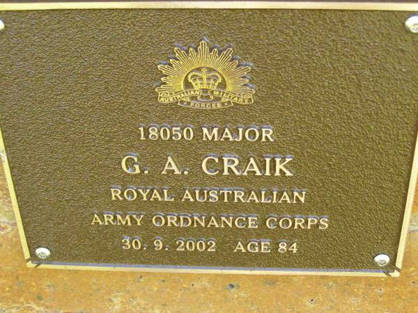 G.A. CRAIK,  | died 30-9-2002 aged 84 years;  | Bribie Island Memorial Gardens, Caboolture Shire  | 