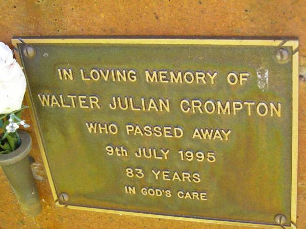 Walter Julian CROMPTON,  | died 9 July 1995 aged 83 years;  | Bribie Island Memorial Gardens, Caboolture Shire  | 