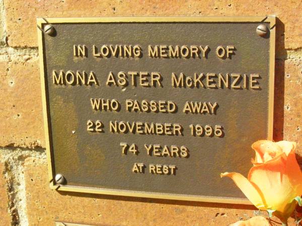 Mona Aster MCKENZIE,  | died 22 Nov 1995 aged 74 years;  | Bribie Island Memorial Gardens, Caboolture Shire  | 