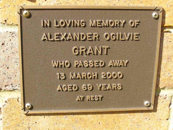 Alexander Ogilvie GRANT,  | died 13 March 2000 aged 69 years;  | Bribie Island Memorial Gardens, Caboolture Shire  | 