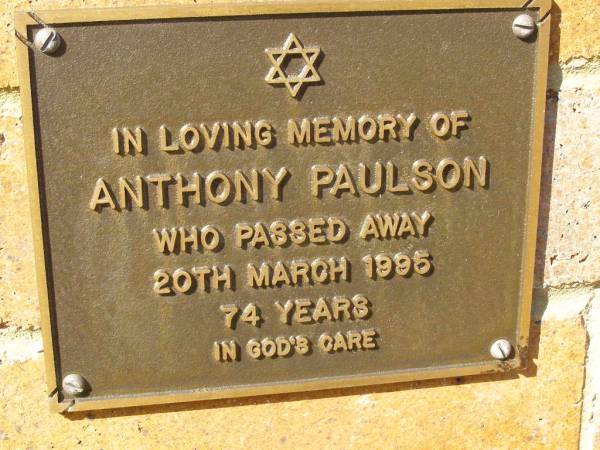 Anthony PAULSON,  | died 20 March 1995 aged 74 years;  | Bribie Island Memorial Gardens, Caboolture Shire  | 
