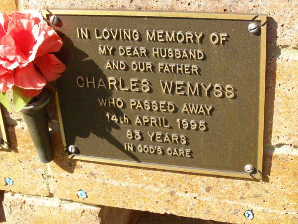 Charles WEMYSS,  | husband father,  | died 14 April 1995 aged 83 years;  | Bribie Island Memorial Gardens, Caboolture Shire  | 