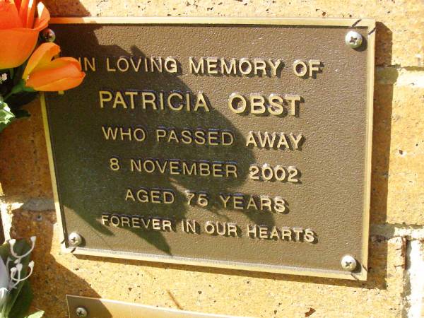 Patricia OBST,  | died 8 Nov 2002 aged 75 years;  | Bribie Island Memorial Gardens, Caboolture Shire  | 