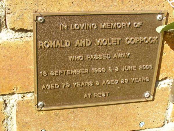 Ronald COPPOCK,  | died 18 Sept 1999 aged 79 years;  | Violet COPPOCK,  | died 3 June 2005 aged 89 years;  | Bribie Island Memorial Gardens, Caboolture Shire  | 