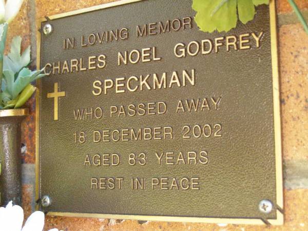 Charles Noel Godfrey SPECKMAN,  | died 18 Dec 2002 aged 83 years;  | Bribie Island Memorial Gardens, Caboolture Shire  | 