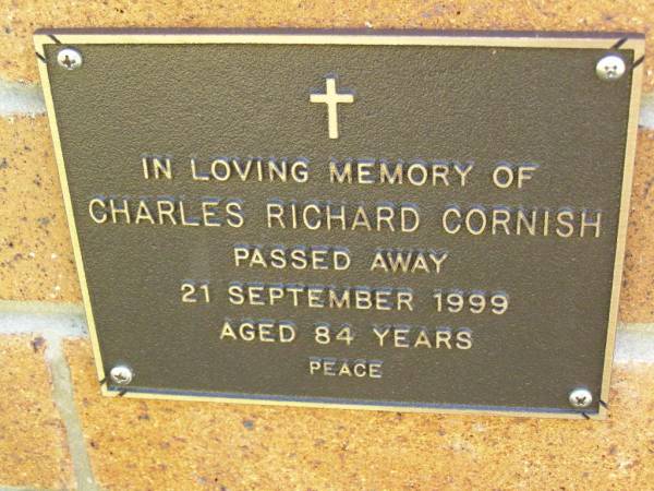 Charles Richard CORNISH,  | died 21 Sept 1999 aged 84 years;  | Bribie Island Memorial Gardens, Caboolture Shire  | 