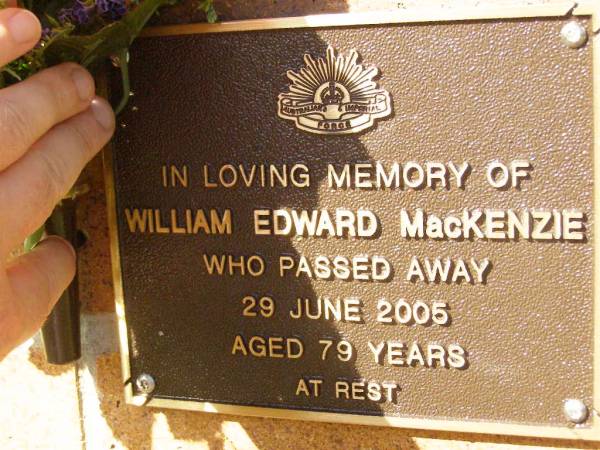 William Edward MACKENZIE,  | died 29 June 2005 aged 79 years;  | Bribie Island Memorial Gardens, Caboolture Shire  | 