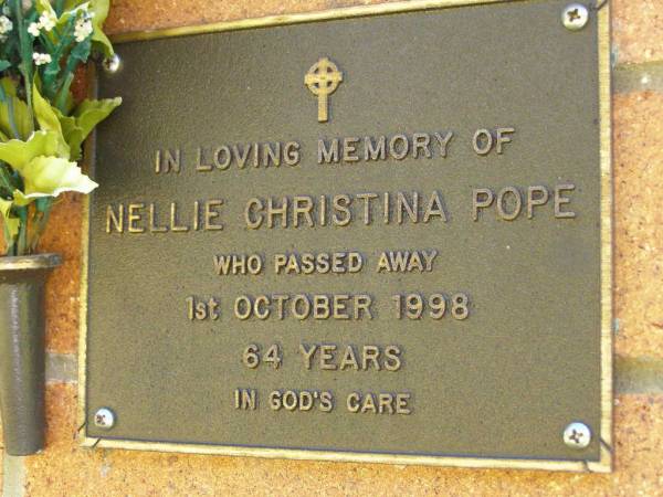 Nellie Christina POPE,  | died 1 Oct 1998 aged 64 years;  | Bribie Island Memorial Gardens, Caboolture Shire  | 