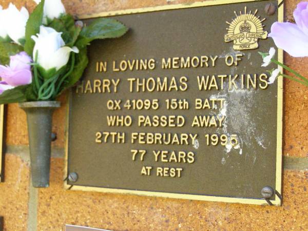 Harry Thomas WATKINS,  | died 27 Feb 1995 aged 77 years;  | Bribie Island Memorial Gardens, Caboolture Shire  | 