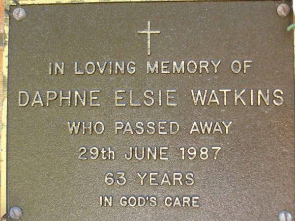 Daphne Elsie WATKINS,  | died 29 June 1987 aged 63 years;  | Bribie Island Memorial Gardens, Caboolture Shire  | 