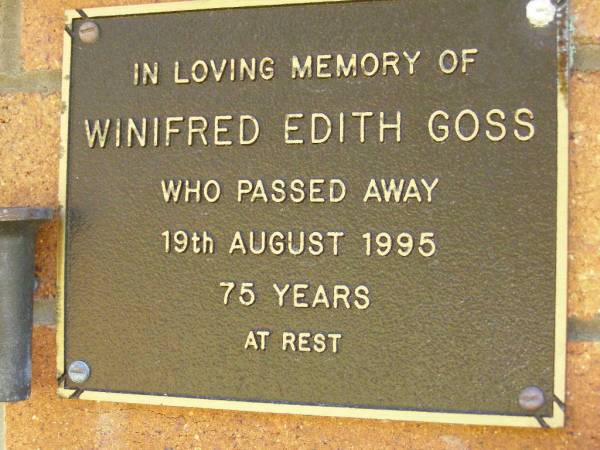 Winifred Edith GOSS,  | died 19 Aug 1995 aged 75 years;  | Bribie Island Memorial Gardens, Caboolture Shire  | 