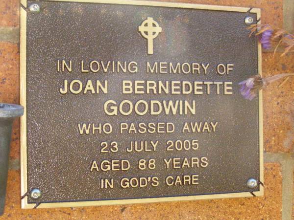 Joan Bernedette GOODWIN,  | died 23 July 2005 aged 88 years;  | Bribie Island Memorial Gardens, Caboolture Shire  | 
