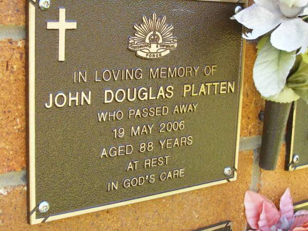 John Douglas PLATTEN,  | died 19 May 2006 aged 88 years;  | Bribie Island Memorial Gardens, Caboolture Shire  | 