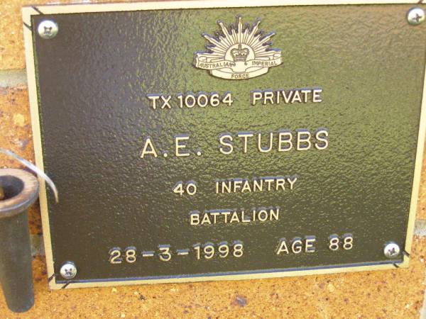 A.E. STUBBS,  | died 28-3-1998 aged 88 years;  | Bribie Island Memorial Gardens, Caboolture Shire  | 