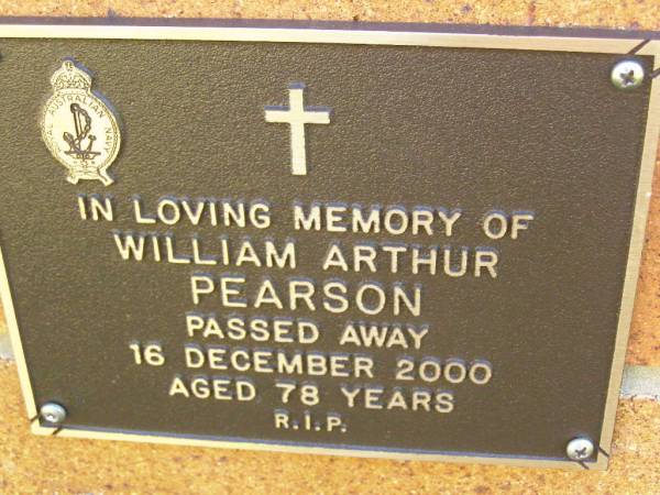 William Arthur PEARSON,  | died 16 Dec 2000 aged 78 years;  | Bribie Island Memorial Gardens, Caboolture Shire  | 