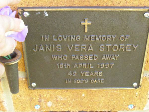 Janis Vera STOREY,  | died 18 April 1997 aged 49 years;  | Bribie Island Memorial Gardens, Caboolture Shire  | 