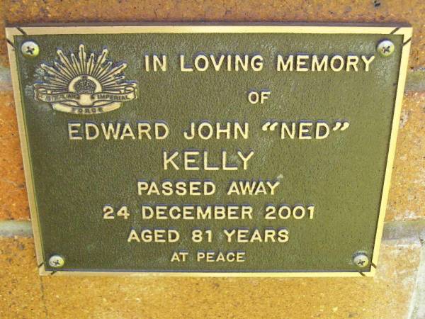 Edward John (Ned) KELLY,  | died 24 Dec 2001 aged 81 years;  | Bribie Island Memorial Gardens, Caboolture Shire  | 