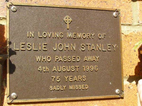 Leslie John STANLEY,  | died 4 Aug 1996 aged 75 years;  | Bribie Island Memorial Gardens, Caboolture Shire  | 