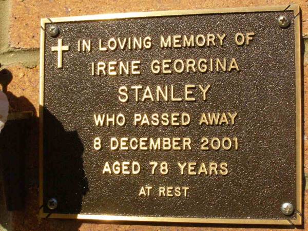 Irene Georgina STANLEY,  | died 8 Dec 2001 aged 78 years;  | Bribie Island Memorial Gardens, Caboolture Shire  | 