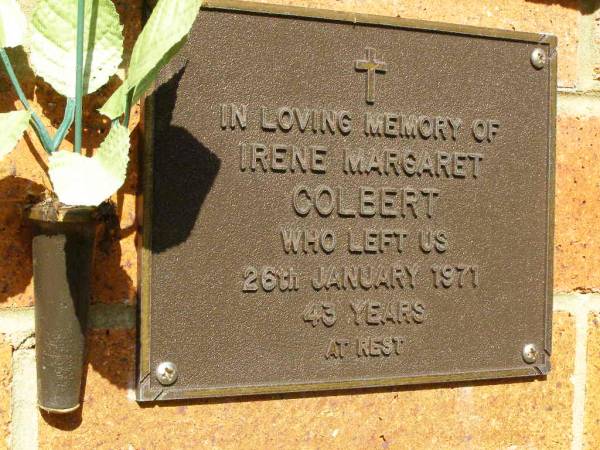 Irene Margaret COLBERT,  | died 26 Jan 1971 aged 43 years;  | Bribie Island Memorial Gardens, Caboolture Shire  | 