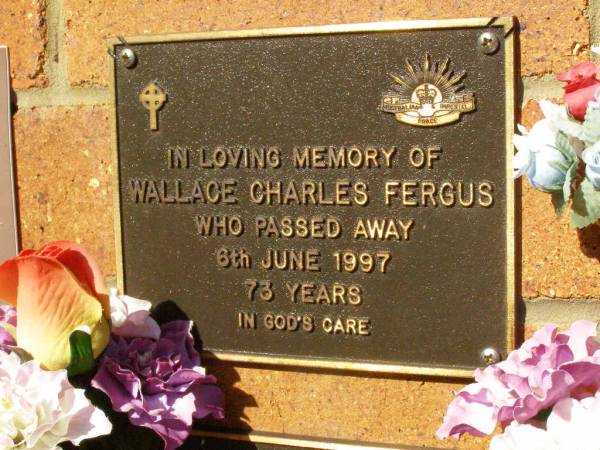 Wallace Charles FERGUS,  | died 6 June 1997 aged 73 years;  | Bribie Island Memorial Gardens, Caboolture Shire  | 