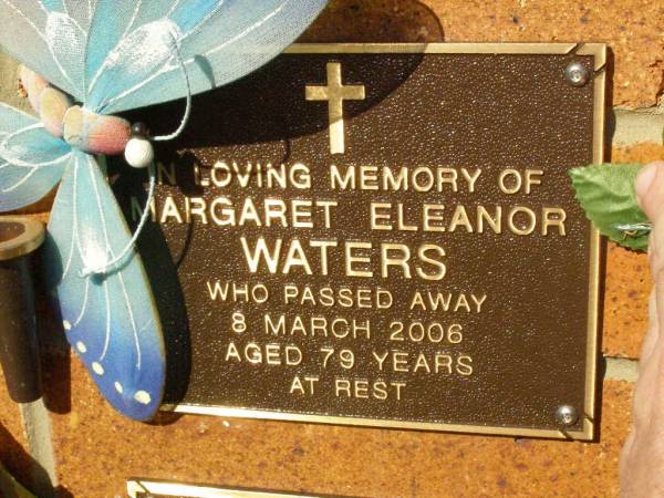 Margaret Eleanor WATERS,  | died 8 March 2006 aged 79 years;  | Bribie Island Memorial Gardens, Caboolture Shire  | 