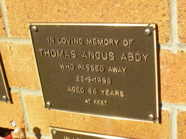 Thomas Angus ABDY,  | died 22-9-1998 aged 86 years;  | Bribie Island Memorial Gardens, Caboolture Shire  | 