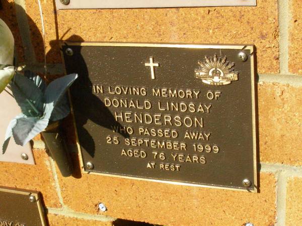Donald Lindsay HENDERSON,  | died 25 Sept 1999 aged 76 years;  | Bribie Island Memorial Gardens, Caboolture Shire  | 