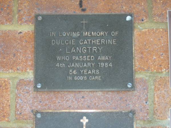 Dulcie Catherine LANGTRY,  | died 4 Jan 1984 aged 56 years;  | Bribie Island Memorial Gardens, Caboolture Shire  | 