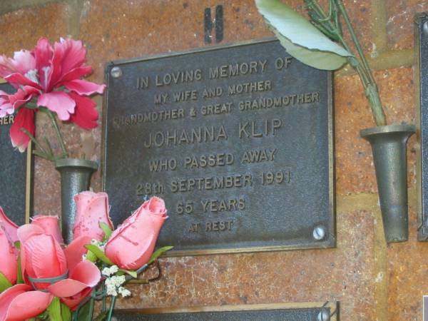 Johanna KLIP,  | wife mother grandmother great-grandmother,  | died 28 Sept 1991 aged 65 years;  | Bribie Island Memorial Gardens, Caboolture Shire  | 