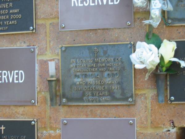 Patricia LORD,  | wife mother grandmother,  | died 31 Dec 1991 aged 56 years;  | Bribie Island Memorial Gardens, Caboolture Shire  | 