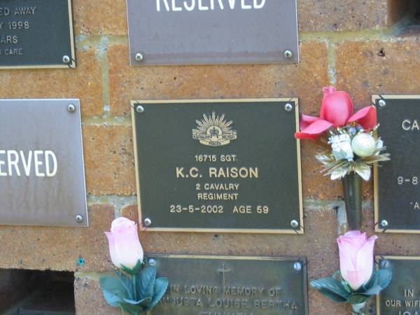 K.C. RAISON,  | died 23-5-2002 aged 59 years;  | Bribie Island Memorial Gardens, Caboolture Shire  | 