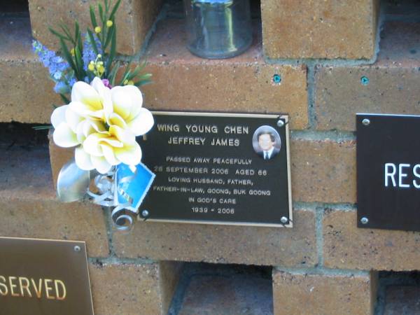 Wing Young CHEN, Jeffrey James,  | died 28 Sept 2006 aged 66 years,  | husband father father-in-law goong buk goong,  | 1939 - 2006;  | Bribie Island Memorial Gardens, Caboolture Shire  | 