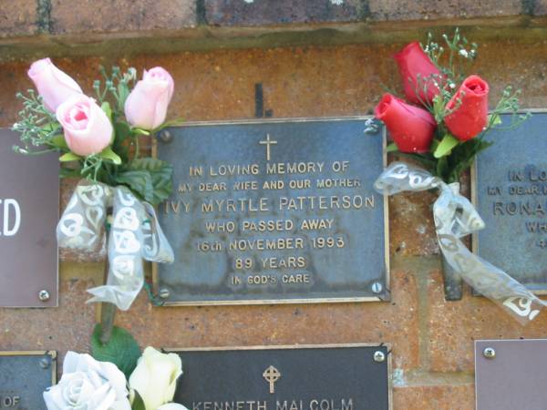 Ivy Myrtle PATTERSON,  | wife mother,  | died 16 Nov 1993 aged 89 years;  | Bribie Island Memorial Gardens, Caboolture Shire  | 