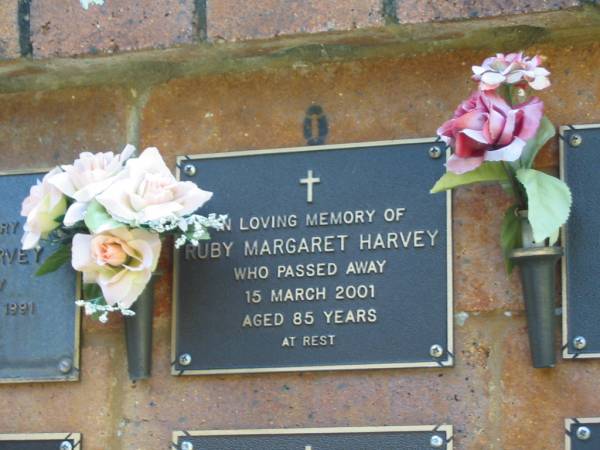 Ruby Margaret HARVEY,  | died 15 March 2001 aged 85 years;  | Bribie Island Memorial Gardens, Caboolture Shire  | 
