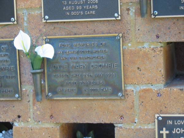 Joyce Mary CROMBIE,  | mother grandmother,  | died 26 May 1991 aged 72 years;  | Bribie Island Memorial Gardens, Caboolture Shire  | 