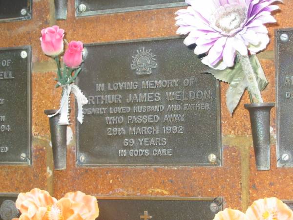 Arthur James WELDON,  | husband father,  | died 28 March 1992 aged 69 years;  | Bribie Island Memorial Gardens, Caboolture Shire  | 