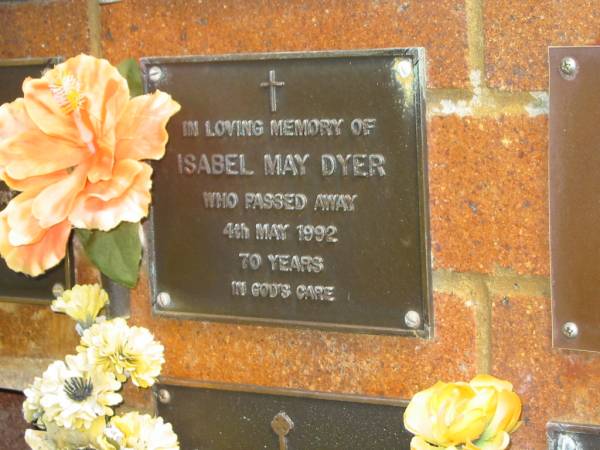 Isabel May DYER,  | died 4 May 1992 aged 70 years;  | Bribie Island Memorial Gardens, Caboolture Shire  | 
