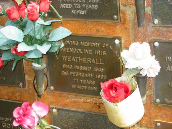 Gwendoline Iris WEATHERALL,  | died 2 Feb 1995 aged 71 years;  | Bribie Island Memorial Gardens, Caboolture Shire  | 