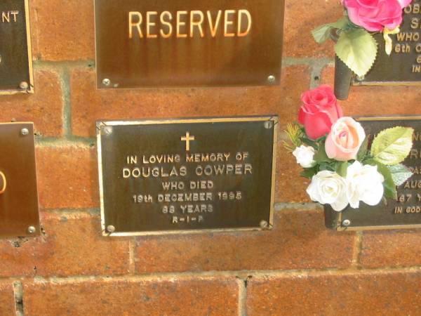 Douglas COWPER,  | died 19 Dec 1995 aged 88 years;  | Bribie Island Memorial Gardens, Caboolture Shire  | 