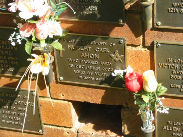 Hubert Carl AHON,  | died 15 Dec 2002 aged 89 years;  | Bribie Island Memorial Gardens, Caboolture Shire  | 