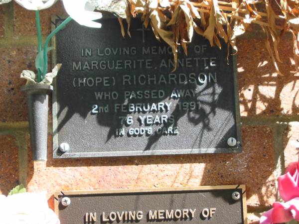 Marguerite Annette (Hope) RICHARDSON,  | died 2 Feb 1991 aged 76 years;  | Bribie Island Memorial Gardens, Caboolture Shire  | 