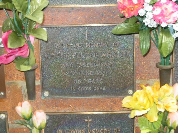 Morris Fuller WRIGLEY,  | died 21 June 1990 aged 55 years;  | Bribie Island Memorial Gardens, Caboolture Shire  | 