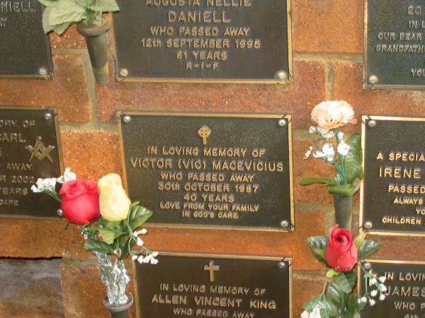 Victor (Vic) MACEVICIUS,  | died 30 Oct 1987 aged 40 years;  | Bribie Island Memorial Gardens, Caboolture Shire  | 