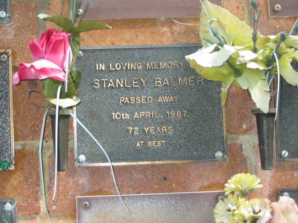 Stanley BALMER,  | died 10 April 1987 aged 72 years;  | Bribie Island Memorial Gardens, Caboolture Shire  | 