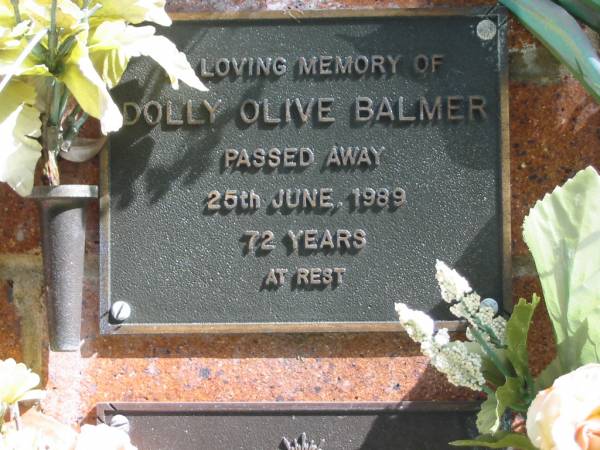 Dolly Olive BALMER,  | died 25 June 1989 aged 72 years;  | Bribie Island Memorial Gardens, Caboolture Shire  | 