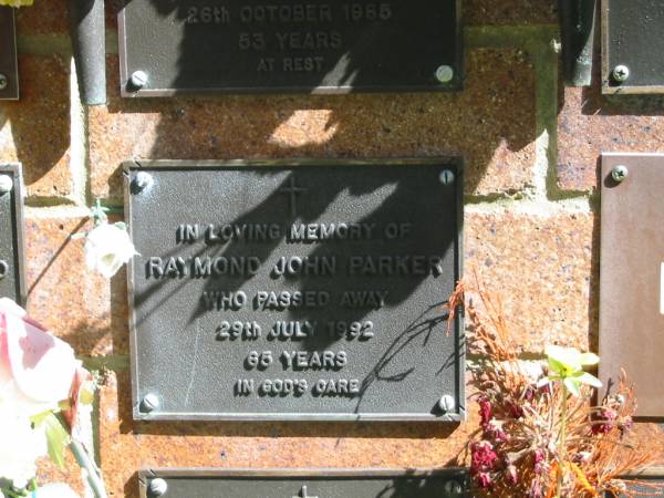 Raymond John PAREKR,  | died 29 July 1992 aged 65 years;  | Bribie Island Memorial Gardens, Caboolture Shire  | 