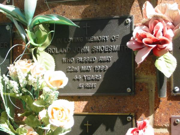 Roland John SHOESMITH,  | died 22 May 1989 aged 44 years;  | Bribie Island Memorial Gardens, Caboolture Shire  | 